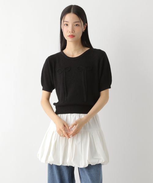 Heather リボンモチーフニット(半袖) ブラック FREE ウィメンズインナー ヘザー 452802 and ST アンドエスティ(旧ドットエスティ) Heather リボンモチーフニット(半袖) ブラック FREE ウィメンズインナー ヘザー 452802 and ST アンドエスティ(旧ドットエスティ)