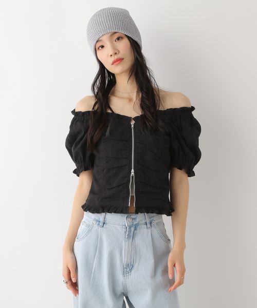 Heather コットンフリルZIPブラウス(半袖) ブラック FREE ウィメンズインナー ヘザー 491031 and ST アンドエスティ(旧ドットエスティ) Heather コットンフリルZIPブラウス(半袖) ブラック FREE ウィメンズインナー ヘザー 491031 and ST アンドエスティ(旧ドットエスティ)