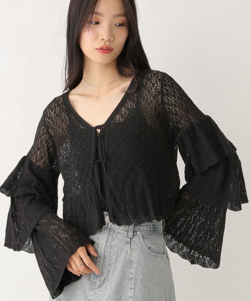 Heather 【WEB限定価格】透かし柄フリルカーディガン ブラック FREE ウィメンズインナー ヘザー 579546 and ST アンドエスティ（旧ドットエスティ）