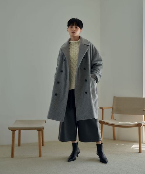 【eL】W Breasted Stand Middle Coat FREE