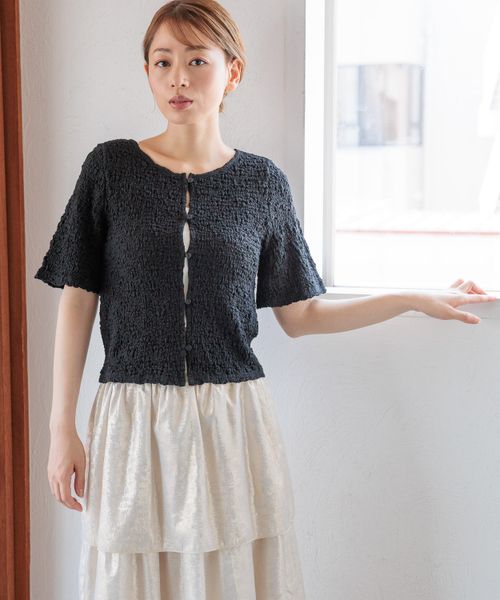 LAKOLE カットジャガードショートカーディガン半袖 シルバー S ウィメンズインナー ラコレ 132259 and ST アンドエスティ(旧ドットエスティ) LAKOLE カットジャガードショートカーディガン半袖 シルバー S ウィメンズインナー ラコレ 132259 and ST アンドエスティ(旧ドットエスティ)