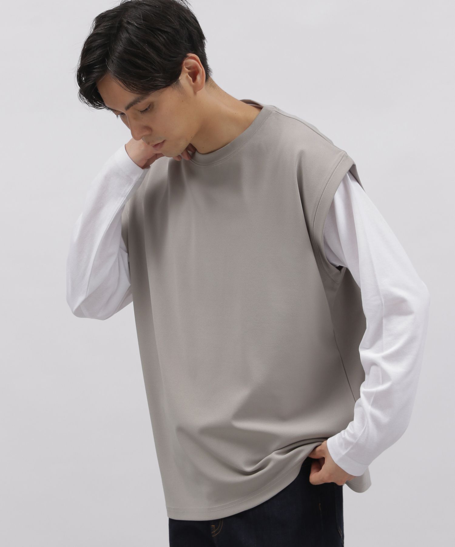 tシャツ Tシャツ 梨地ベストレイヤードロングTシャツ   185278