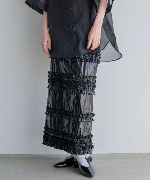 【yuw】メタリックフリルタイトスカート FREE