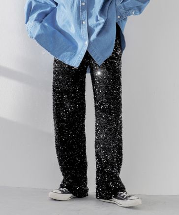 【LOWRYSFARM】スパンコール付きデニムワイドレッグパンツ Mサイズ LOWRYS FARM｜ウエストヒモツキルーズデニム | Rakuten Fashion