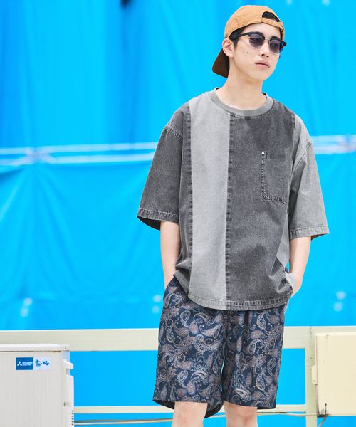 niko and .パッチワークデニム布帛Tシャツ グレー M メンズインナー ニコアンド 492897 and ST アンドエスティ(旧ドットエスティ) niko and .パッチワークデニム布帛Tシャツ グレー M メンズインナー ニコアンド 492897 and ST アンドエスティ(旧ドットエスティ)