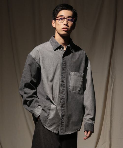 niko and .PATCHWORK DENIM SHIRT[niko and ...JEANS 2025AW] グレー M メンズインナー ニコアンド 498921 and ST アンドエスティ（旧ドットエスティ）