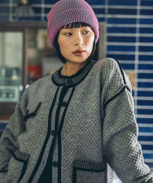 niko and .[MODE NORM CORE] バイカラートリムニットカーディガン グレー FREE ウィメンズインナー ニコアンド 582563 and ST アンドエスティ（旧ドットエスティ）