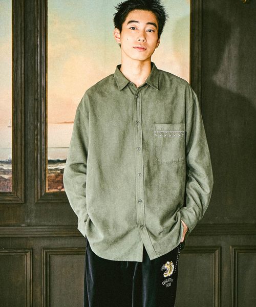 niko and .フェイクスウェードステッチシャツ カーキ M メンズインナー ニコアンド 592143 and ST アンドエスティ（旧ドットエスティ）