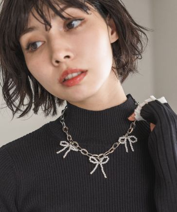 リボンシルバー(W) ドローチェーンネックレス ボールチェーン × コード レイヤード リボン ネックレス – GOLDY