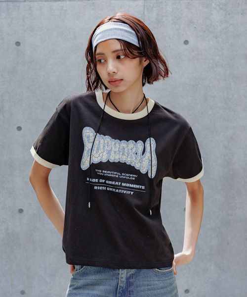 PAGEBOY リンガーロゴTシャツ ブラック FREE ウィメンズインナー ページボーイ 494086 and ST アンドエスティ(旧ドットエスティ) PAGEBOY リンガーロゴTシャツ ブラック FREE ウィメンズインナー ページボーイ 494086 and ST アンドエスティ(旧ドットエスティ)
