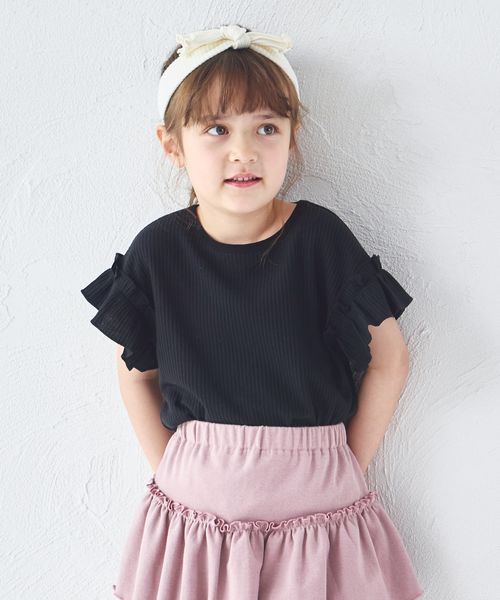 pairmanon 【リンクコーデ】【ふんわりワッフル】フリル袖Tシャツ ブラック ガールズインナー_PM ペアマノン 251846 and ST アンドエスティ(旧ドットエスティ) pairmanon 【リンクコーデ】【ふんわりワッフル】フリル袖Tシャツ ブラック ガールズインナー_PM ペアマノン 251846 and ST アンドエスティ(旧ドットエスティ)