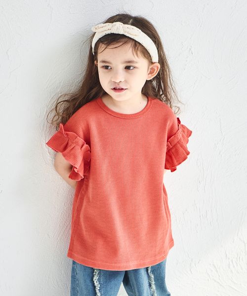 pairmanon 【リンクコーデ】【ふんわりワッフル】フリル袖Tシャツ オレンジ ガールズインナー_PM ペアマノン 251846 and ST アンドエスティ(旧ドットエスティ) pairmanon 【リンクコーデ】【ふんわりワッフル】フリル袖Tシャツ オレンジ ガールズインナー_PM ペアマノン 251846 and ST アンドエスティ(旧ドットエスティ)