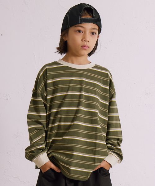 pairmanon ボーダー 長袖 Tシャツ【PAIRMANON STREET】 グリーン ボーイズインナー_PS ペアマノン 581959 and ST アンドエスティ(旧ドットエスティ) pairmanon ボーダー 長袖 Tシャツ【PAIRMANON STREET】 グリーン ボーイズインナー_PS ペアマノン 581959 and ST アンドエスティ(旧ドットエスティ)