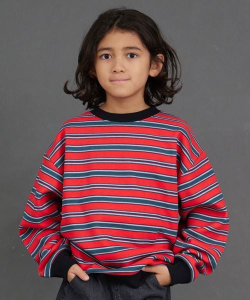 pairmanon 裏起毛 ボーダー オーバーサイズ スウェット トレーナー【PAIRMANON STREET】 レッド ボーイズインナー＿ＰＳ ペアマノン 587469 and ST アンドエスティ（旧ドットエスティ）