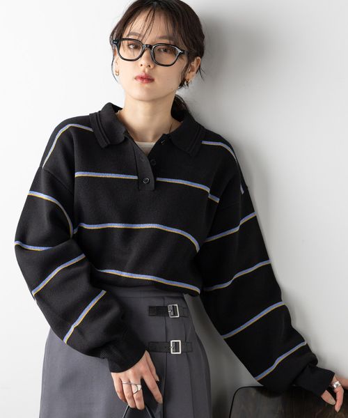 RAGEBLUE 【WOMENS】ラガーボーダーニットポロ ブラック FREE ウィメンズインナー レイジブルー 286358 and ST アンドエスティ(旧ドットエスティ) RAGEBLUE 【WOMENS】ラガーボーダーニットポロ ブラック FREE ウィメンズインナー レイジブルー 286358 and ST アンドエスティ(旧ドットエスティ)