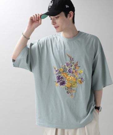 フラワー刺繍/ビッグシルエットTシャツ