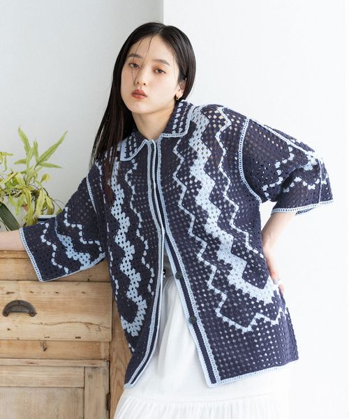 RAGEBLUE 【WOMENS】透かし編み/配色デザインクロシェニットカーディガン ネイビー FREE ウィメンズインナー レイジブルー 414062 and ST アンドエスティ(旧ドットエスティ) RAGEBLUE 【WOMENS】透かし編み/配色デザインクロシェニットカーディガン ネイビー FREE ウィメンズインナー レイジブルー 414062 and ST アンドエスティ(旧ドットエスティ)