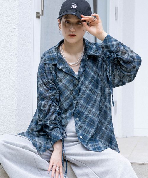 RAGEBLUE 【WOMENS】袖シャーリングBIGチェックシアーシャツ ブルー FREE ウィメンズインナー レイジブルー 493918 and ST アンドエスティ(旧ドットエスティ) RAGEBLUE 【WOMENS】袖シャーリングBIGチェックシアーシャツ ブルー FREE ウィメンズインナー レイジブルー 493918 and ST アンドエスティ(旧ドットエスティ)