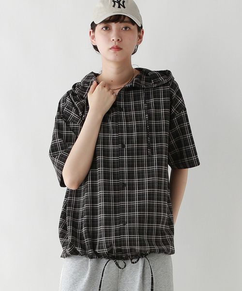RAGEBLUE 【WOMENS】ドロストチェックフードシャツ ブラック FREE ウィメンズインナー レイジブルー 579594 and ST アンドエスティ(旧ドットエスティ) RAGEBLUE 【WOMENS】ドロストチェックフードシャツ ブラック FREE ウィメンズインナー レイジブルー 579594 and ST アンドエスティ(旧ドットエスティ)