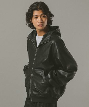 先行予約＞シンセティックレザー/ジップアップフードブルゾン