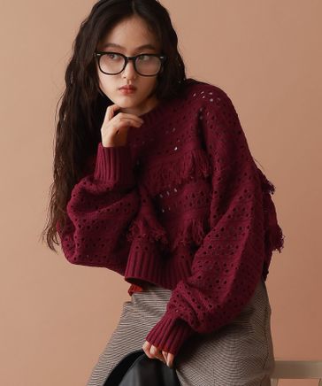 ニット セーター 透かし編みフリンジショートニット レディース 先行予約＞【WOMENS】透かし編みフリンジショートニット | [公式