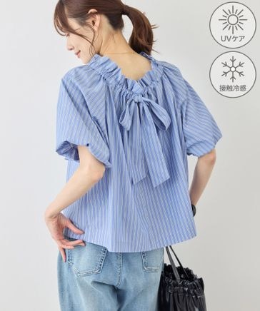 前後2WAYギャザーリボンデザインシャツ/UVケア・接触冷感・リンク 