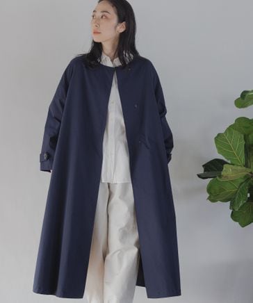 ドレステリア ノーカラー ロングコート ノーカラー 38 ネイビー ベルト付き ロングコート 限定特価品