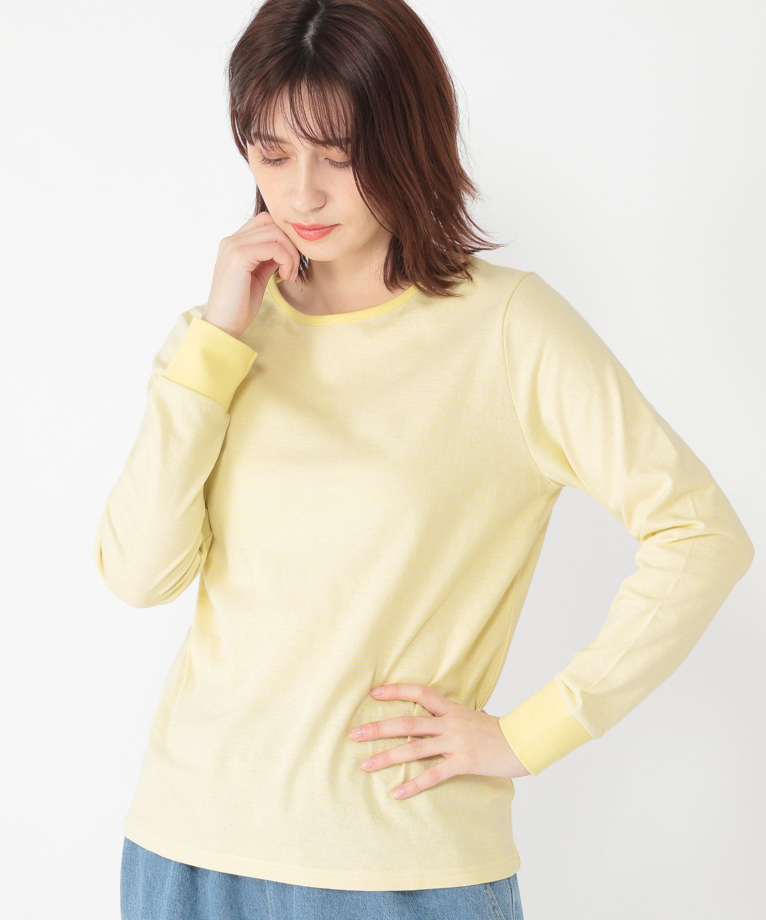 studio CLIP 長袖カットソー 白×黄色ボーダー - Tシャツ