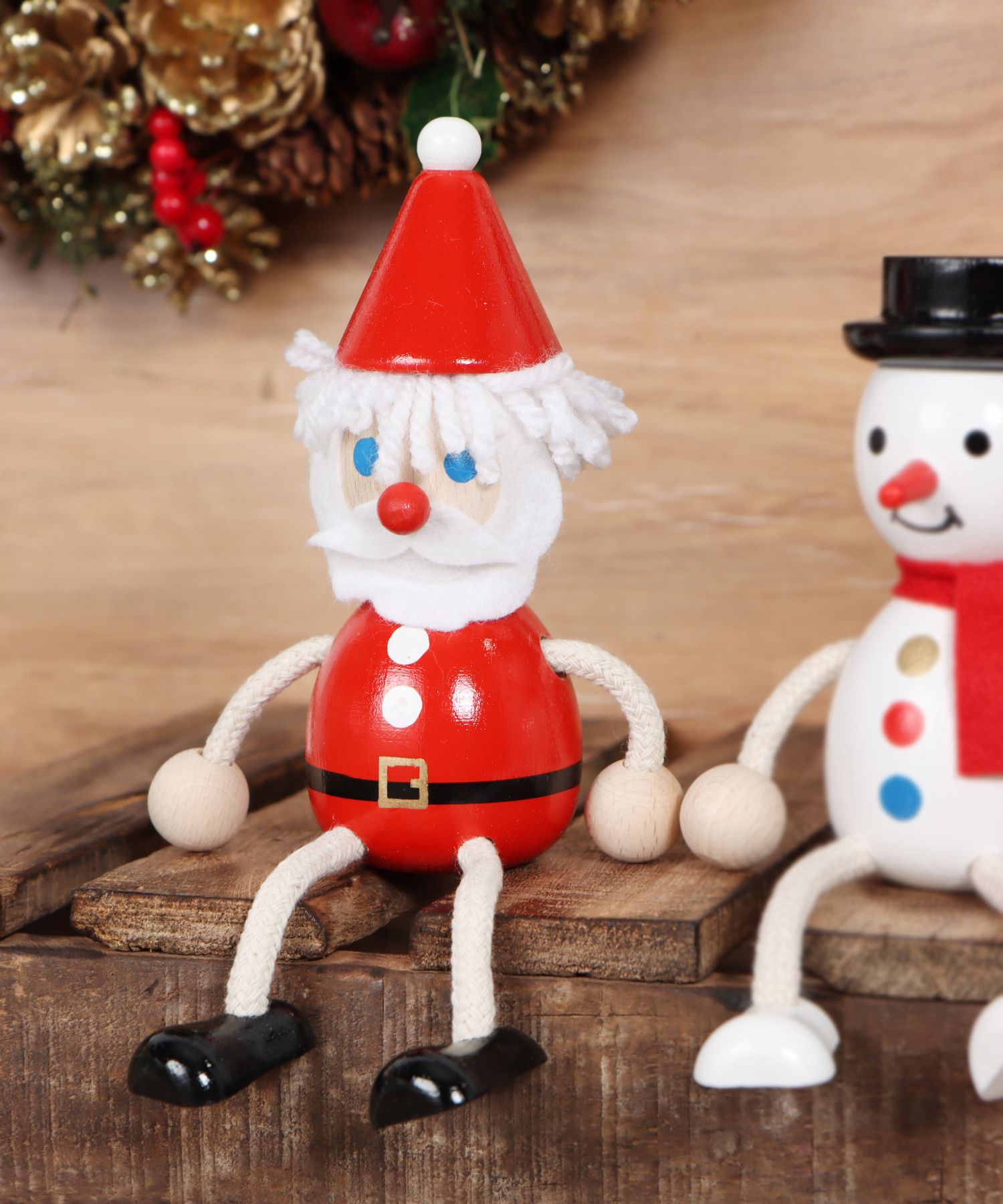 クリスマスインテリア サンタ 雪だるま 木製飾り オーナメント - 置物