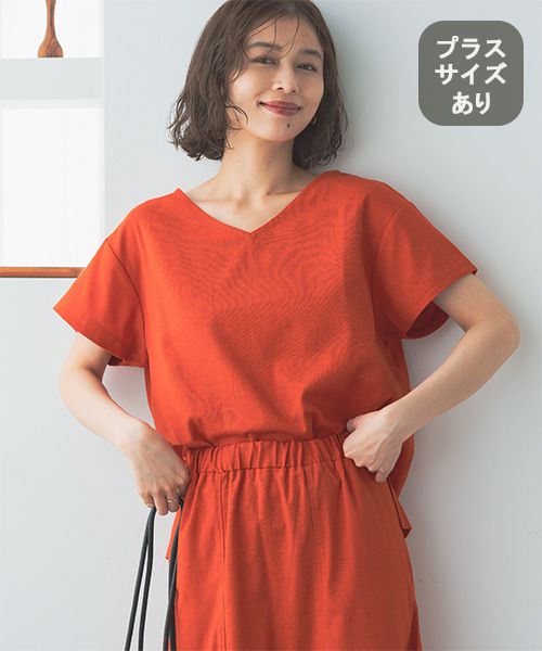 studio CLIP ストレッチリネンVネックブラウス[プラスサイズあり] オレンジ FREE ウィメンズインナー スタジオクリップ 496379 and ST アンドエスティ（旧ドットエスティ）