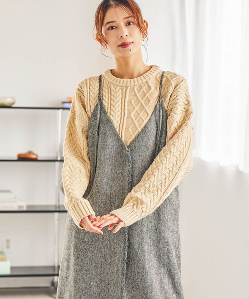 studio CLIP 5ゲージふわかるパッチワークニット ベージュ FREE ウィメンズインナー スタジオクリップ 580170 and ST アンドエスティ（旧ドットエスティ）