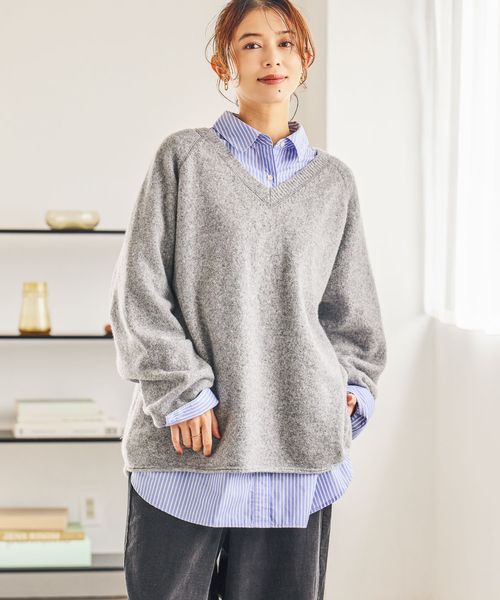 studio CLIP 7ゲージウールミックスステッチVネックニット グレー FREE ウィメンズインナー スタジオクリップ 601076 and ST アンドエスティ（旧ドットエスティ）