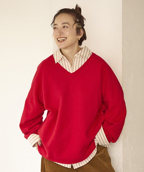 studio CLIP 7ゲージウールミックスステッチVネックニット レッド FREE ウィメンズインナー スタジオクリップ 601076 and ST アンドエスティ（旧ドットエスティ）