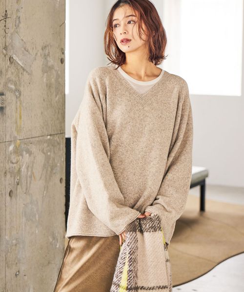 studio CLIP 7ゲージウールミックスステッチVネックニット ブラウン FREE ウィメンズインナー スタジオクリップ 601076 and ST アンドエスティ（旧ドットエスティ）
