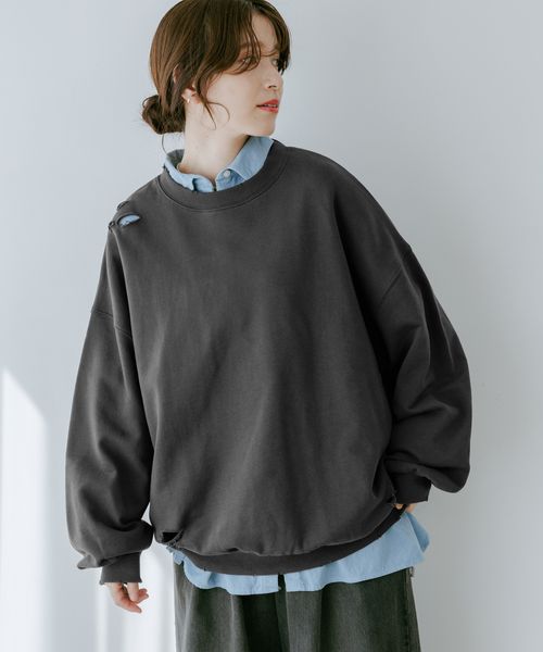 studio CLIP 【WEB限定】ダメージルーズスウェット チャコールグレー FREE ウィメンズインナー スタジオクリップ 622055 and ST アンドエスティ（旧ドットエスティ）